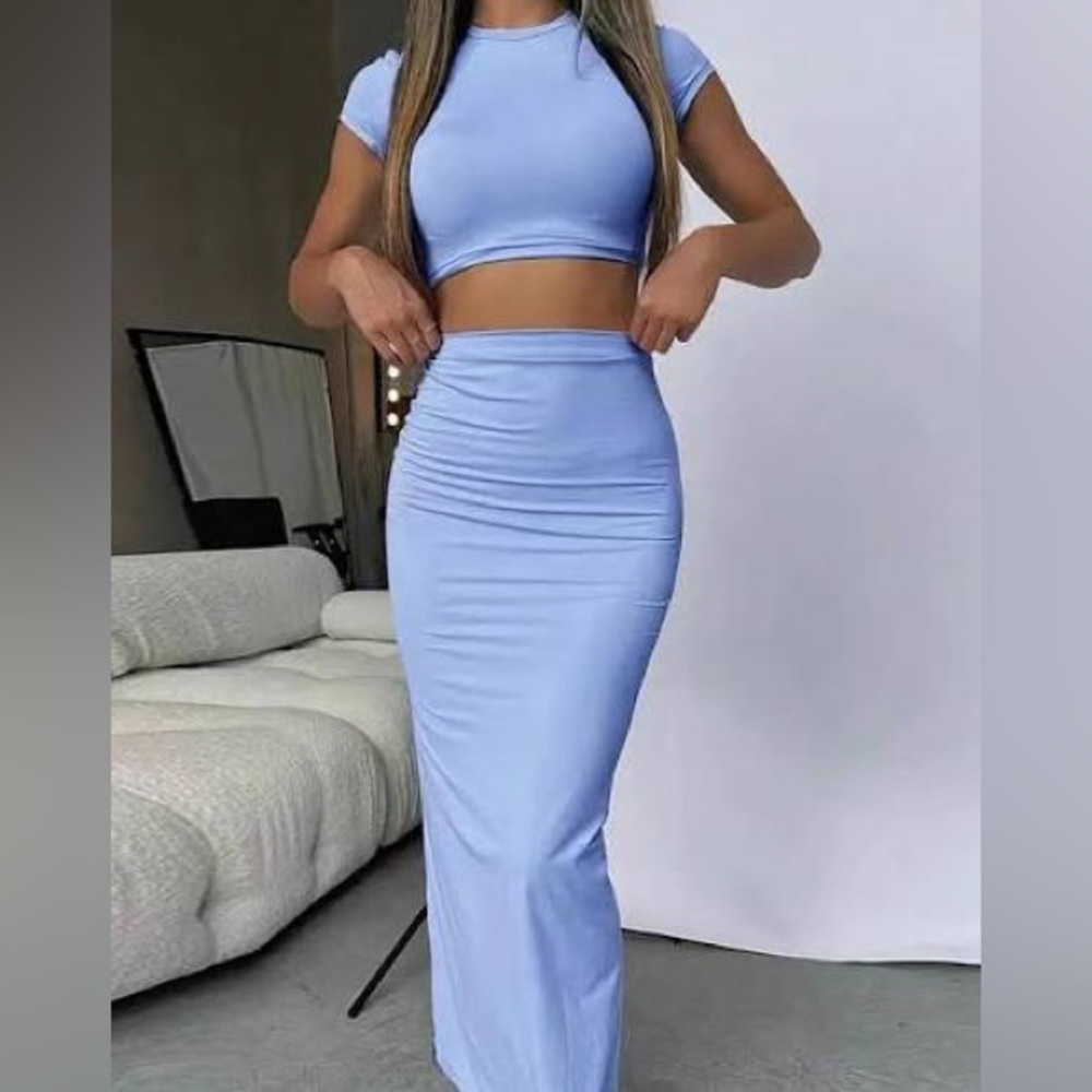 Light Blue Crop Top and Maxi Skirt Set